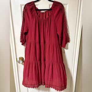 Women's Red JUST FOUND Tiered Peasant Tunic Dress with Lace Trim SZ 3XL